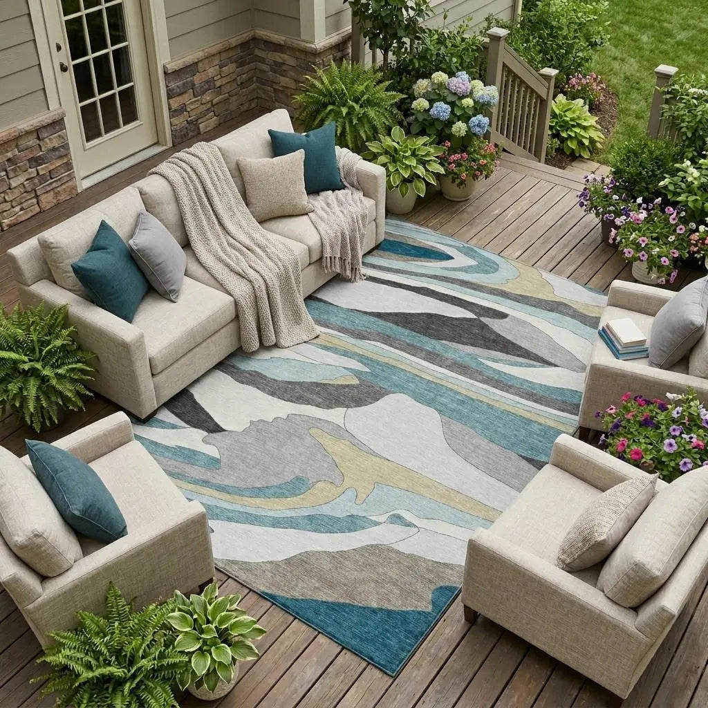 9' X 12' Teal Blue And Gray Abstract Washable Indoor Outdoor Area Rug Homeroots Outdoor