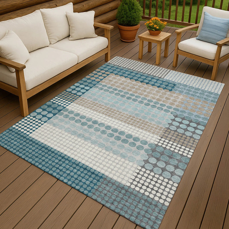 9' X 12' Teal Blue And Gray Geometric Washable Indoor Outdoor Area Rug Homeroots Outdoor