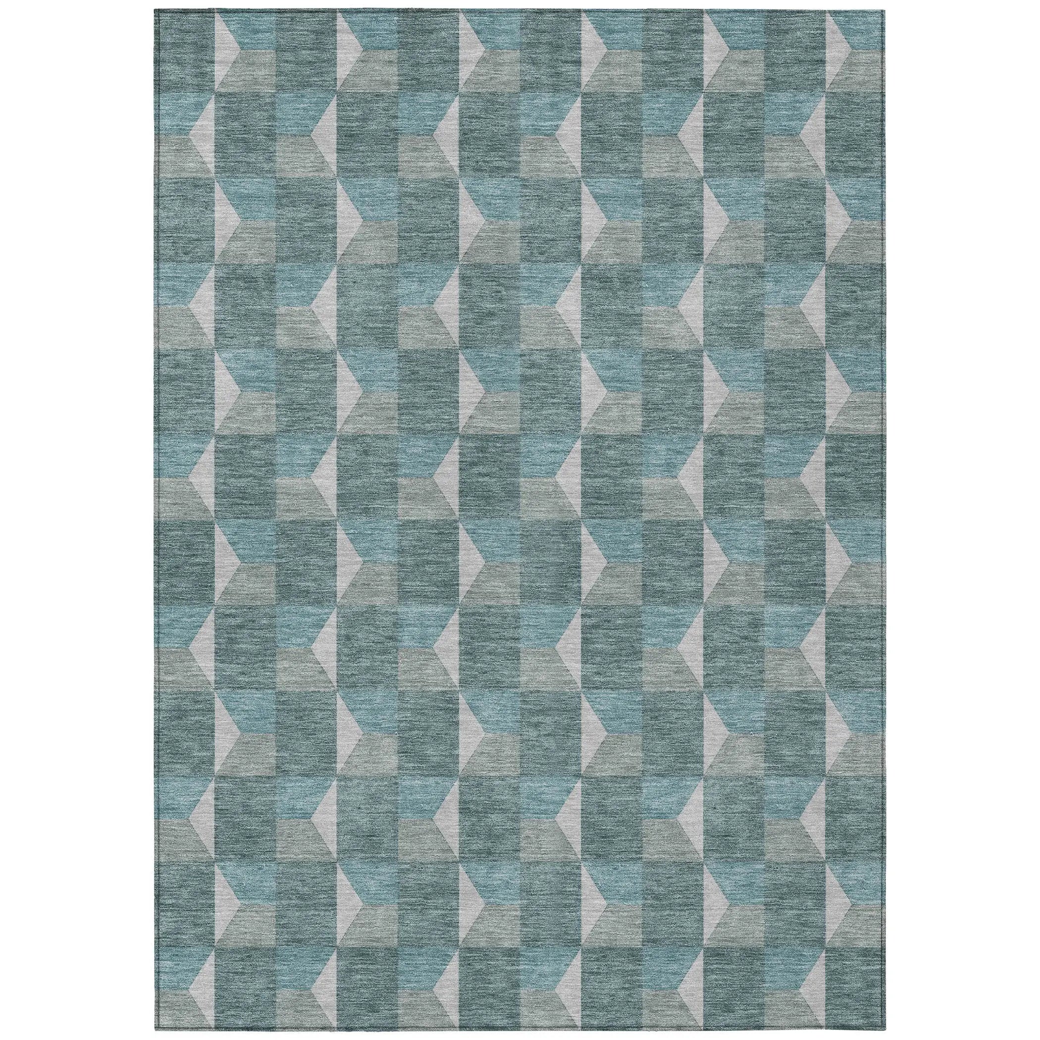 9' X 12' Teal Blue And Gray Geometric Washable Indoor Outdoor Area Rug Homeroots Outdoor