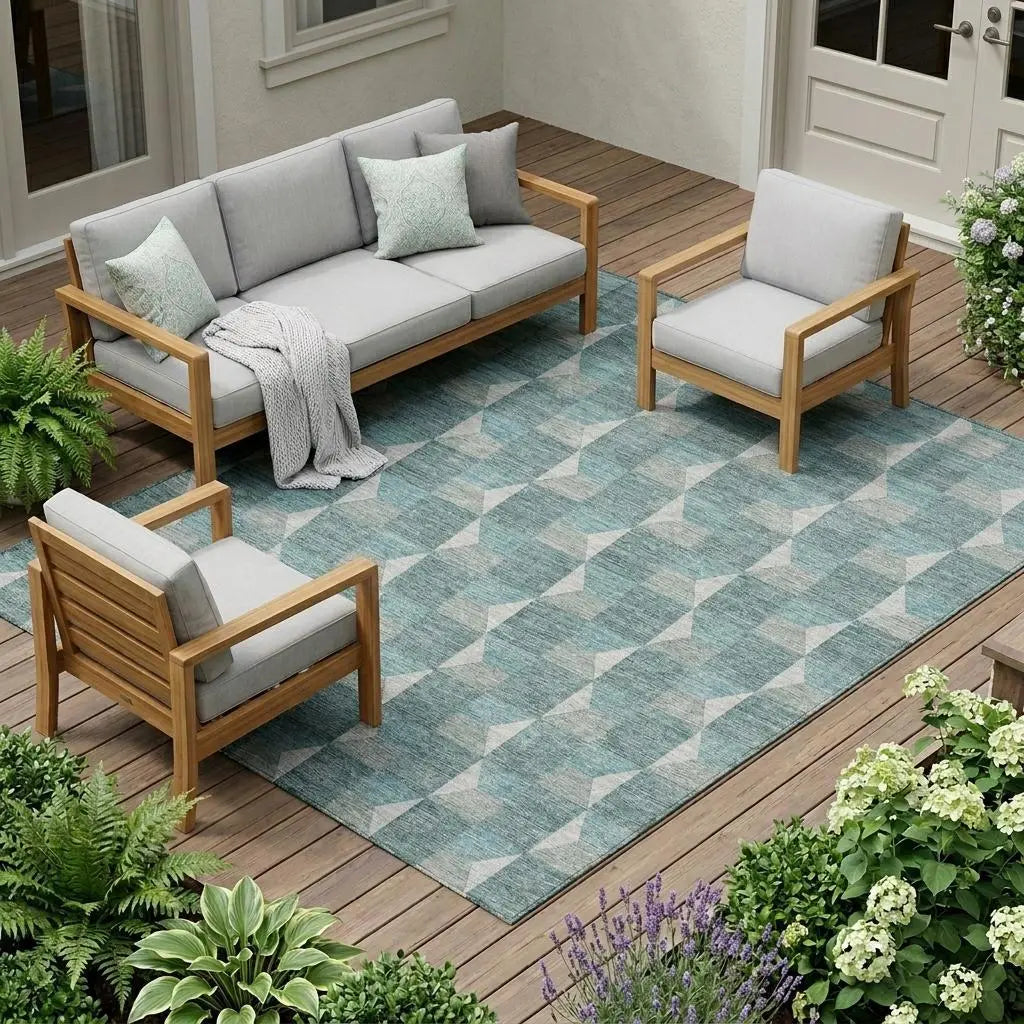 9' X 12' Teal Blue And Gray Geometric Washable Indoor Outdoor Area Rug Homeroots Outdoor