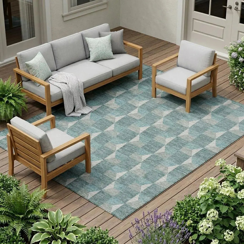 9' X 12' Teal Blue And Gray Geometric Washable Indoor Outdoor Area Rug Homeroots Outdoor