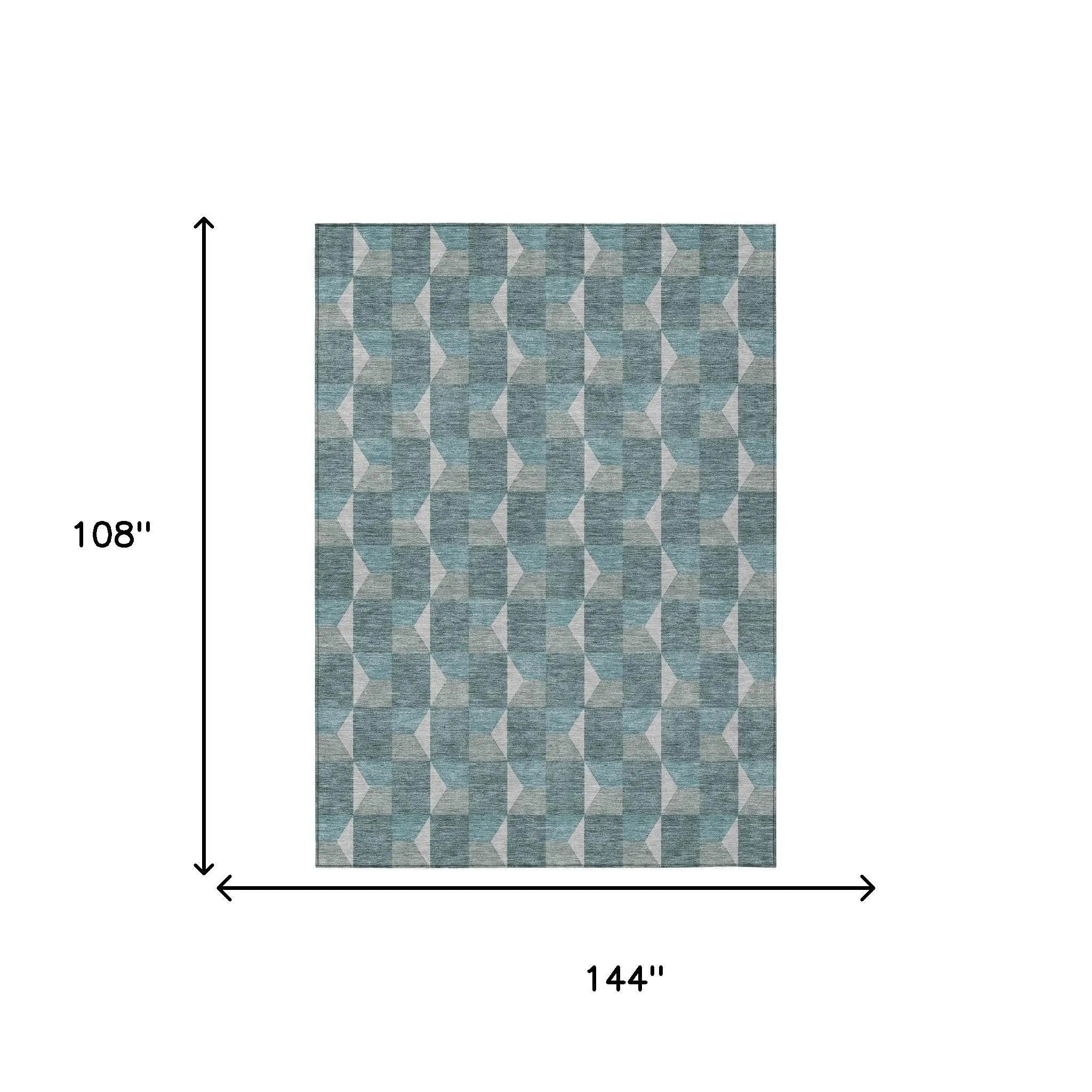 9' X 12' Teal Blue And Gray Geometric Washable Indoor Outdoor Area Rug Homeroots Outdoor