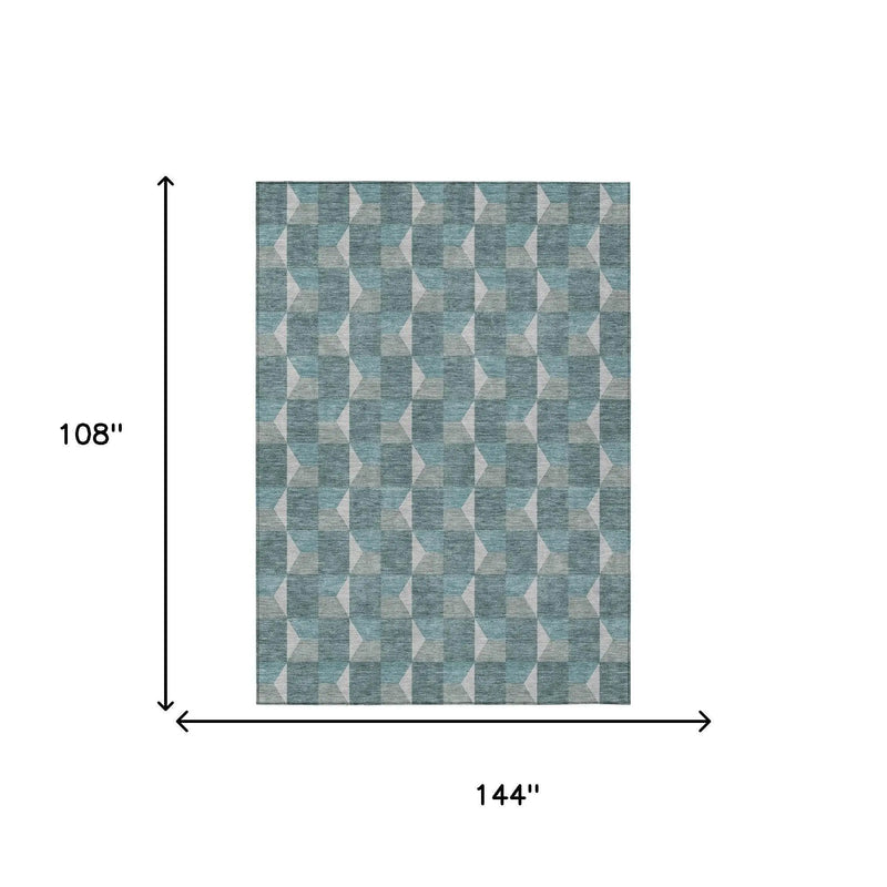9' X 12' Teal Blue And Gray Geometric Washable Indoor Outdoor Area Rug Homeroots Outdoor