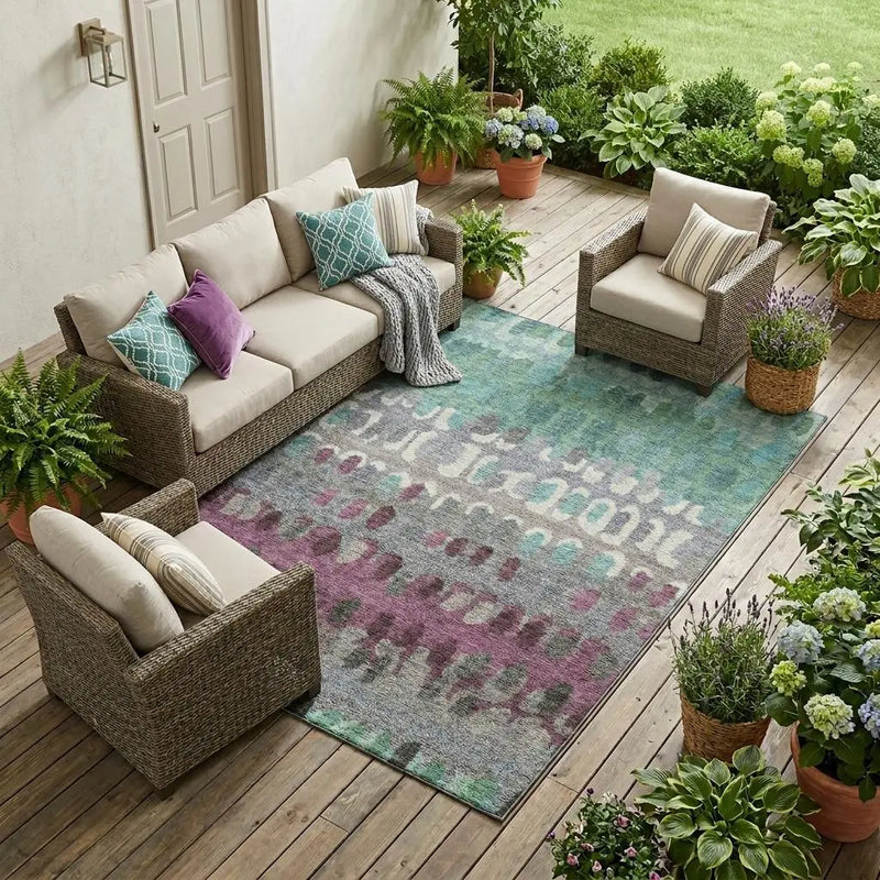 9' X 12' Teal Blue And Gray Geometric Washable Indoor Outdoor Area Rug Homeroots Outdoor