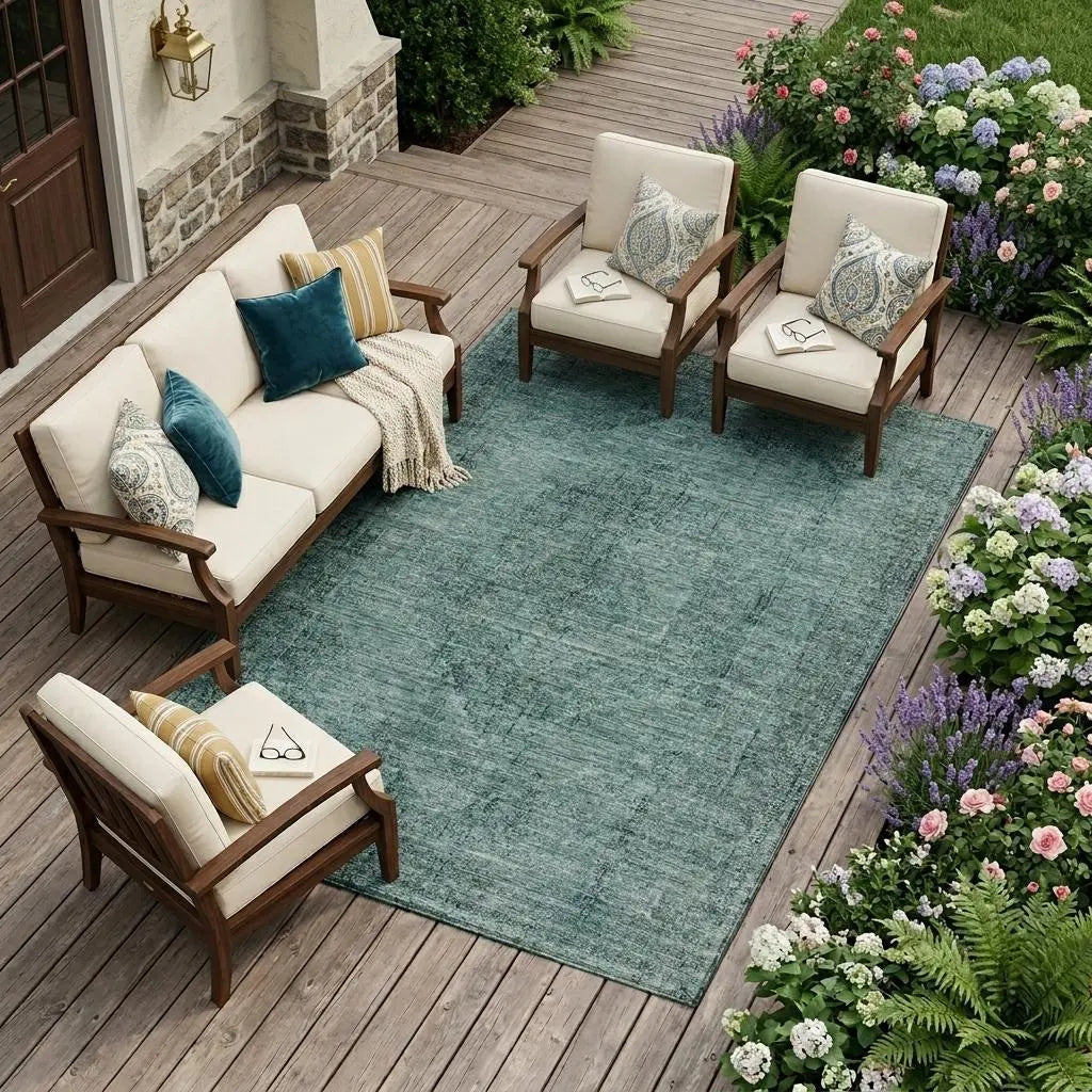 9' X 12' Teal Blue And Gray Oriental Washable Indoor Outdoor Area Rug Homeroots Outdoor