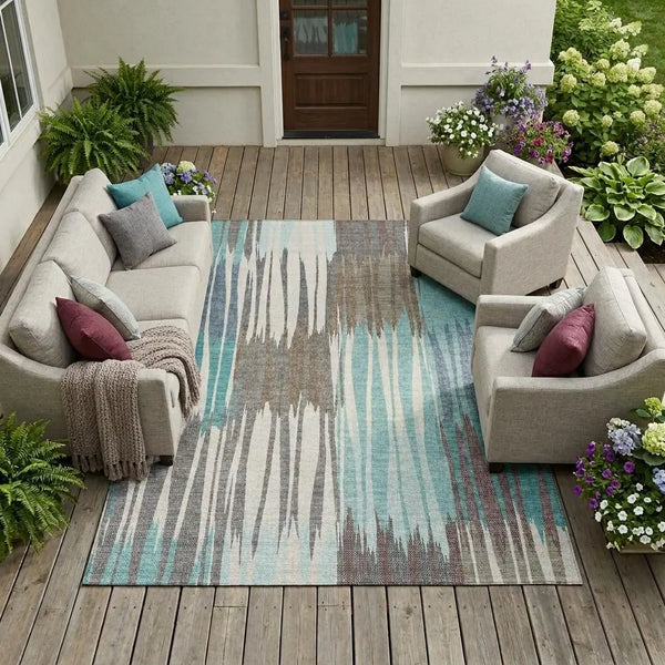 9' X 12' Teal Blue And Gray Striped Washable Indoor Outdoor Area Rug Homeroots Outdoor