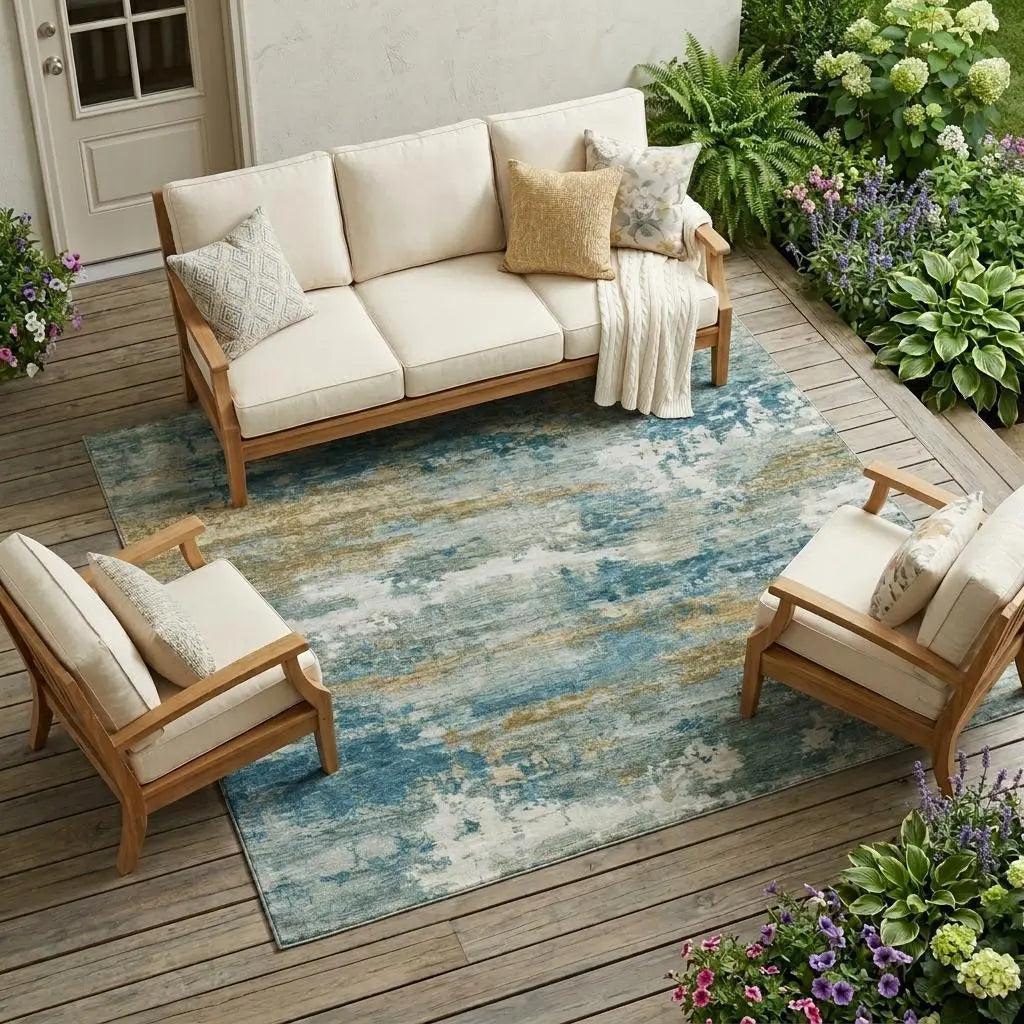 9' X 12' Teal Blue And Green Abstract Washable Indoor Outdoor Area Rug Homeroots Outdoor