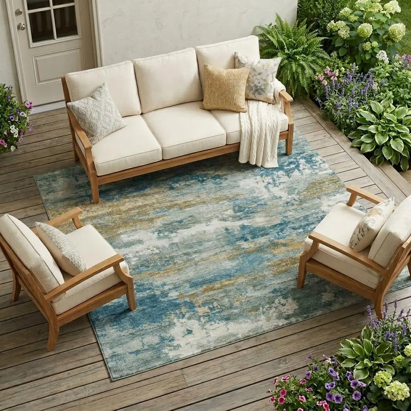 9' X 12' Teal Blue And Green Abstract Washable Indoor Outdoor Area Rug Homeroots Outdoor