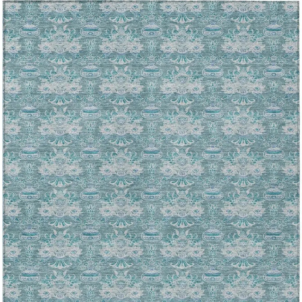 9' X 12' Teal Blue And Green Floral Washable Indoor Outdoor Area Rug Homeroots Outdoor