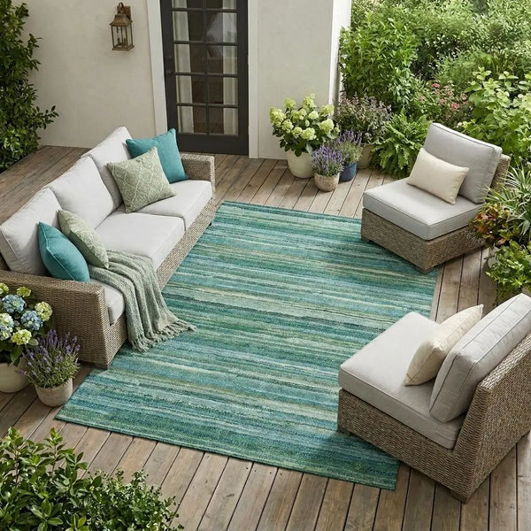 9' X 12' Teal Blue And Green Striped Washable Indoor Outdoor Area Rug Homeroots Outdoor
