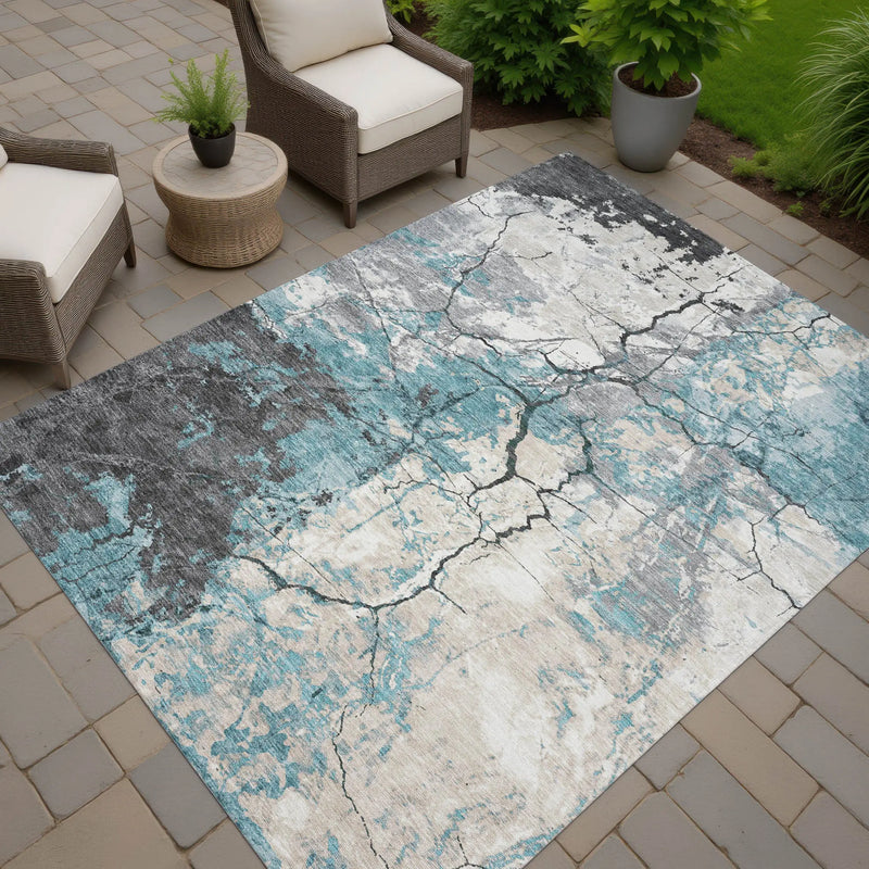 9' X 12' Teal Blue And Ivory Abstract Washable Indoor Outdoor Area Rug Homeroots Outdoor