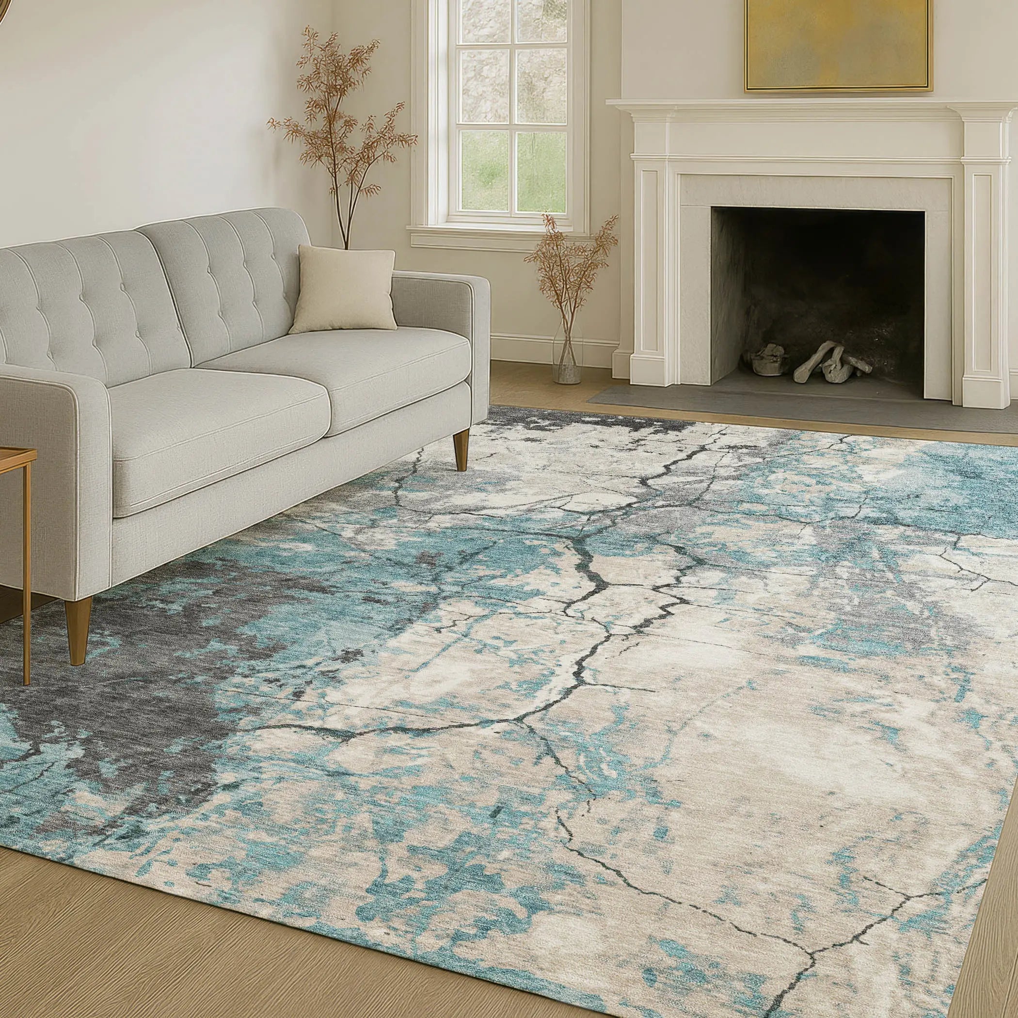 9' X 12' Teal Blue And Ivory Abstract Washable Indoor Outdoor Area Rug Homeroots Outdoor