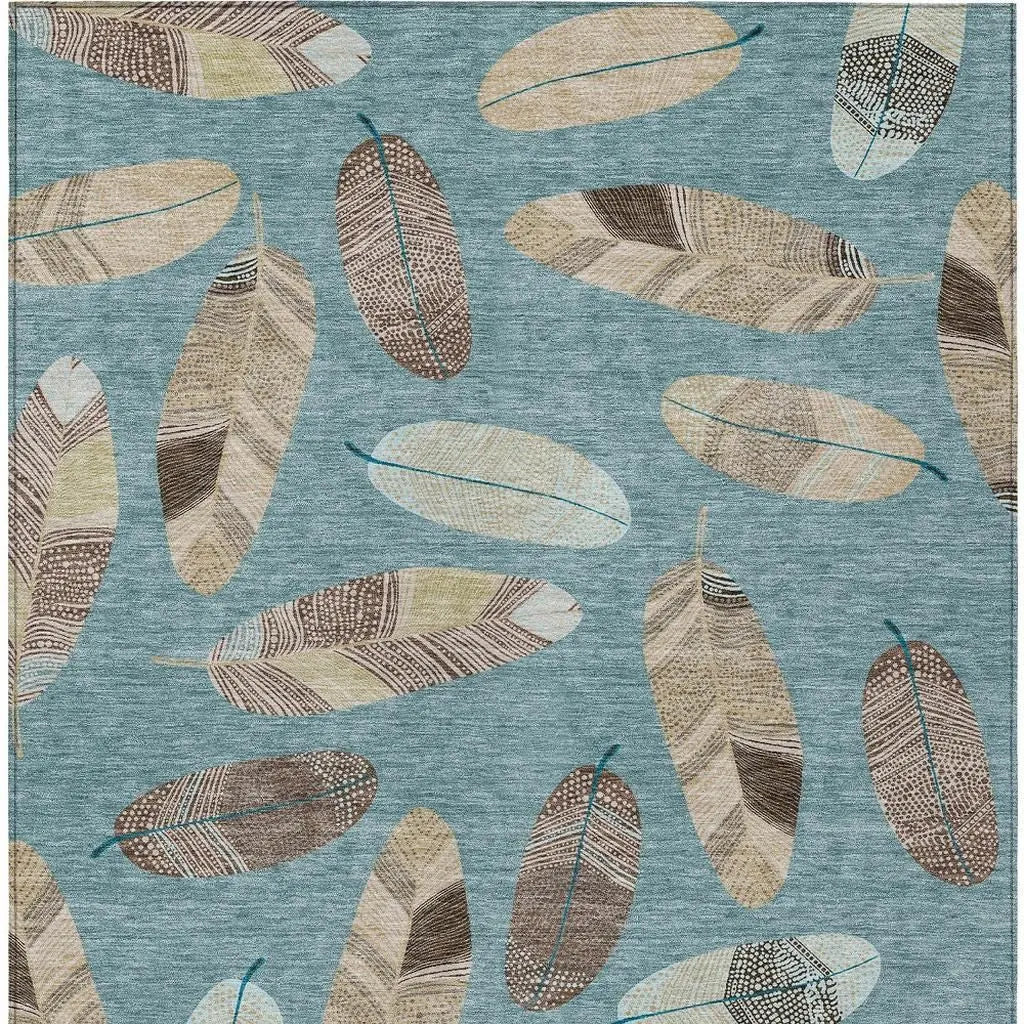 9' X 12' Teal Blue And Ivory Botanical Leaves Washable Indoor Outdoor Area Rug Homeroots Outdoor