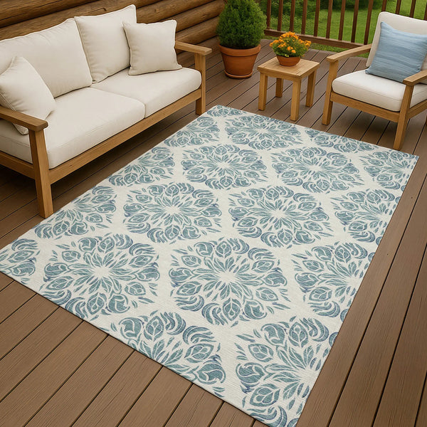 9' X 12' Teal Blue And Ivory Damask Washable Indoor Outdoor Area Rug Homeroots Outdoor
