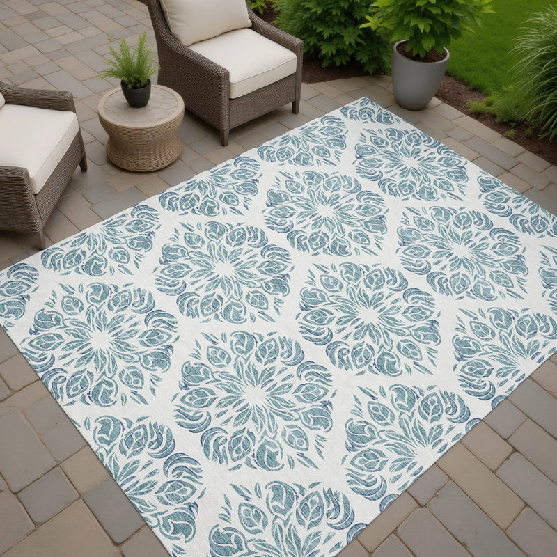9' X 12' Teal Blue And Ivory Damask Washable Indoor Outdoor Area Rug Homeroots Outdoor