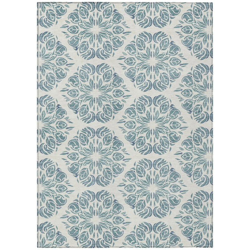 9' X 12' Teal Blue And Ivory Damask Washable Indoor Outdoor Area Rug Homeroots Outdoor