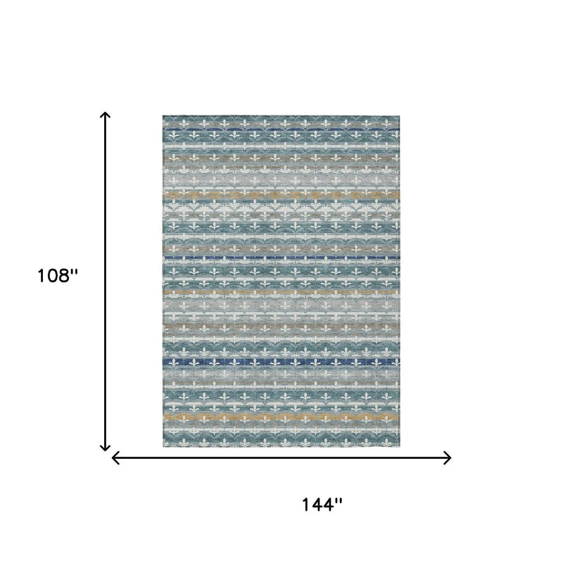 9' X 12' Teal Blue And Ivory Damask Washable Indoor Outdoor Area Rug Homeroots Outdoor