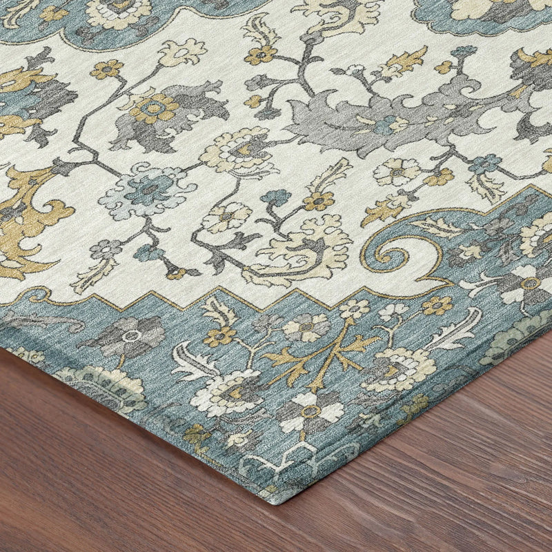 9' X 12' Teal Blue And Ivory Floral Medallion Washable Indoor Outdoor Area Rug Homeroots Outdoor