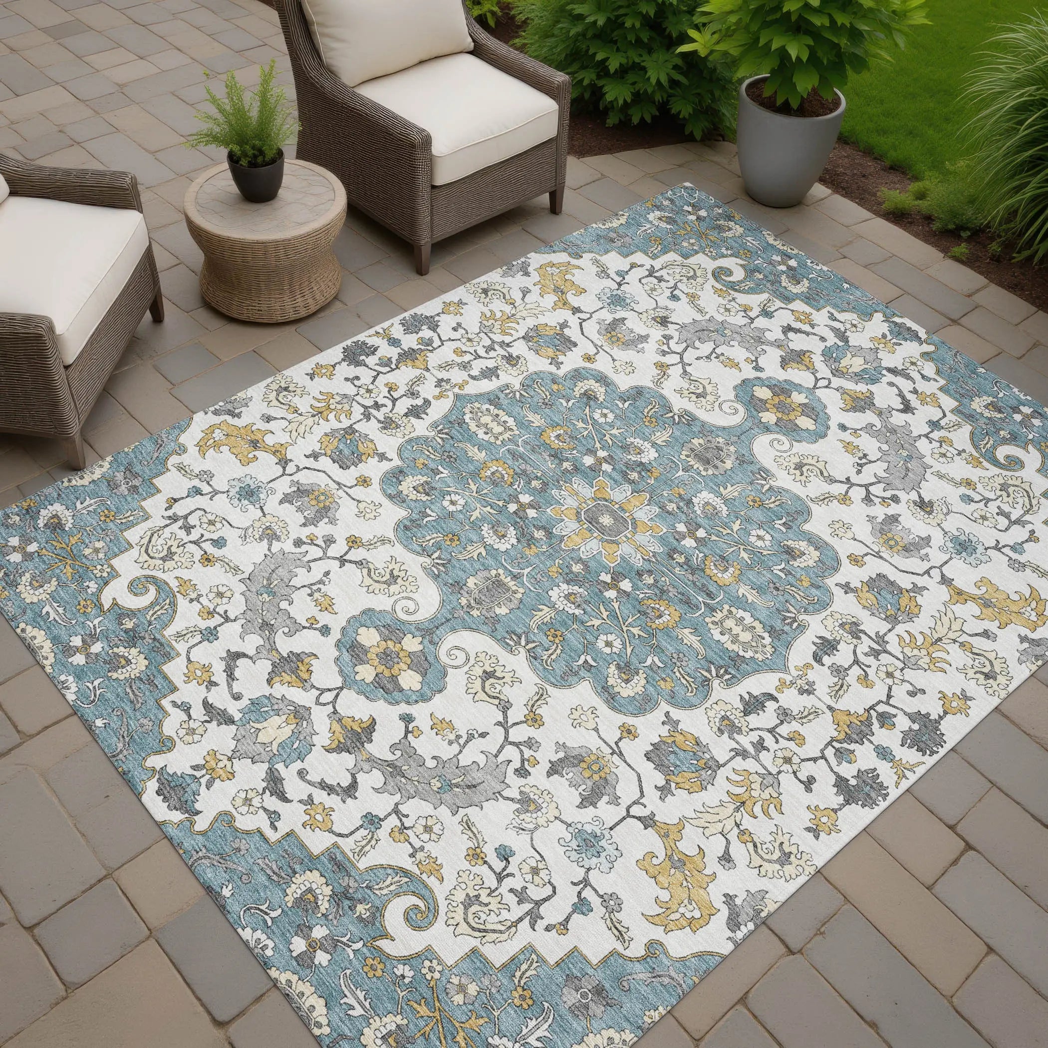 9' X 12' Teal Blue And Ivory Floral Medallion Washable Indoor Outdoor Area Rug Homeroots Outdoor
