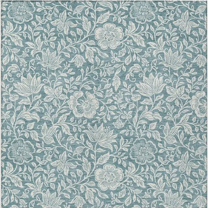 9' X 12' Teal Blue And Ivory Floral Washable Indoor Outdoor Area Rug Homeroots Outdoor