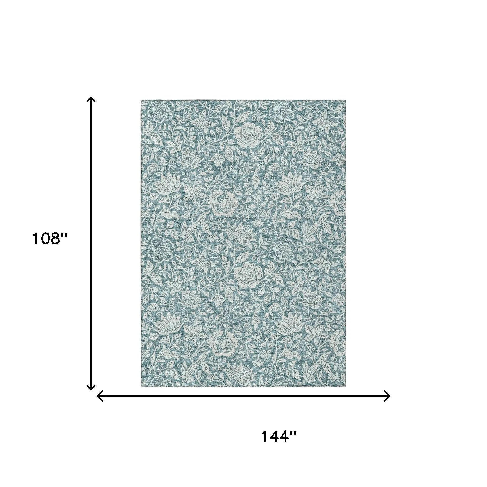 9' X 12' Teal Blue And Ivory Floral Washable Indoor Outdoor Area Rug Homeroots Outdoor