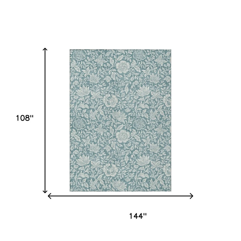 9' X 12' Teal Blue And Ivory Floral Washable Indoor Outdoor Area Rug Homeroots Outdoor