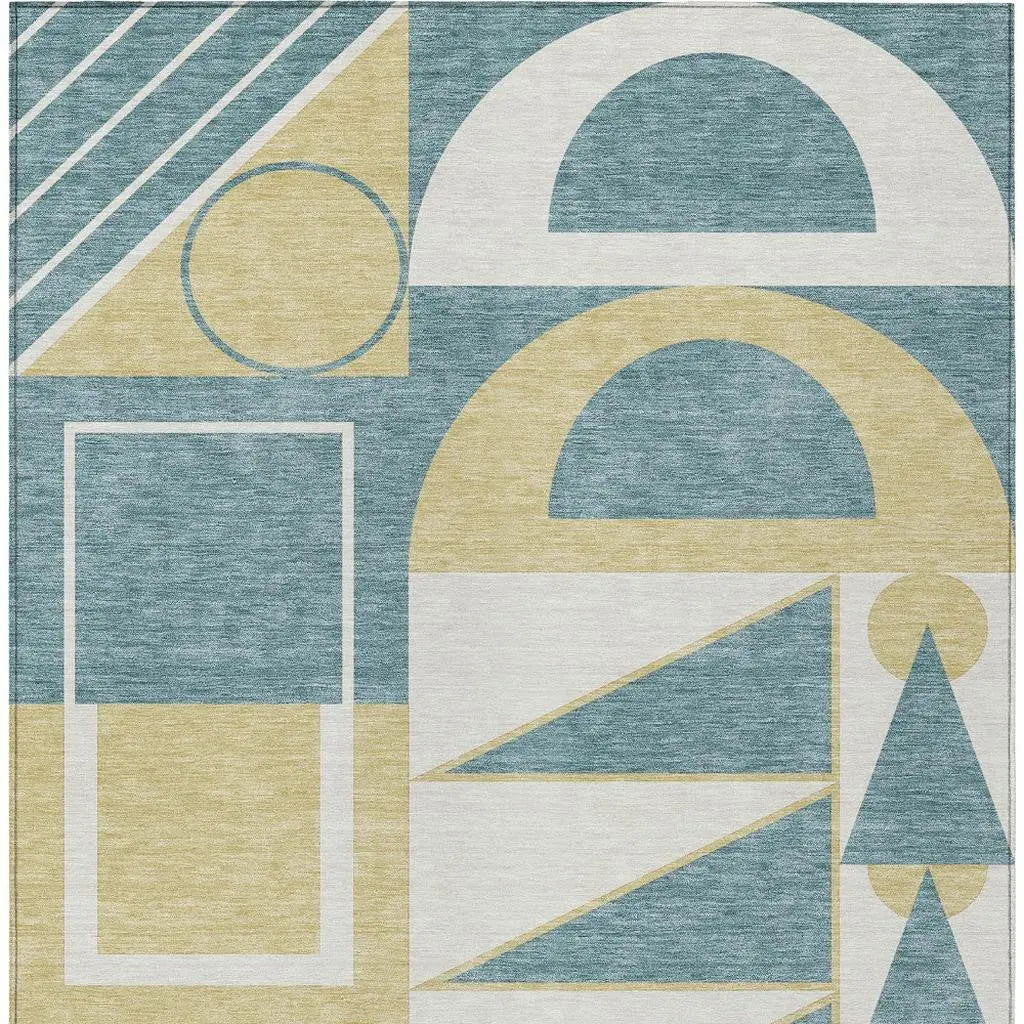 9' X 12' Teal Blue And Ivory Geometric Washable Indoor Outdoor Area Rug Homeroots Outdoor