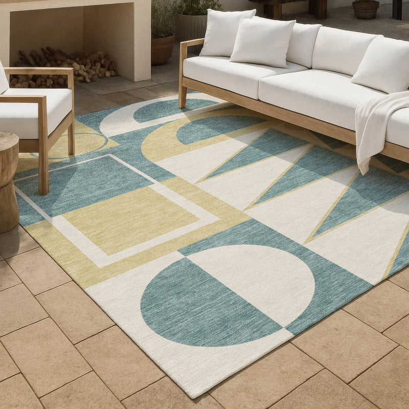 9' X 12' Teal Blue And Ivory Geometric Washable Indoor Outdoor Area Rug Homeroots Outdoor