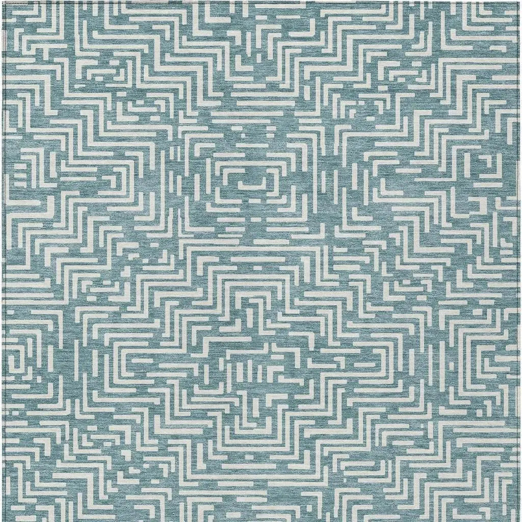 9' X 12' Teal Blue And Ivory Geometric Washable Indoor Outdoor Area Rug Homeroots Outdoor