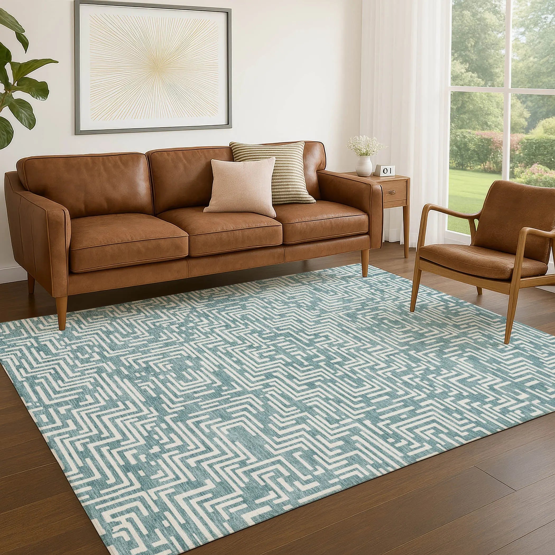 9' X 12' Teal Blue And Ivory Geometric Washable Indoor Outdoor Area Rug Homeroots Outdoor