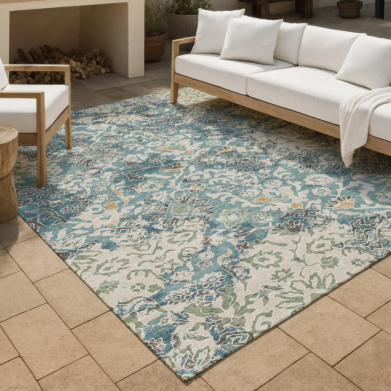 9' X 12' Teal Blue And Ivory Geometric Washable Indoor Outdoor Area Rug Homeroots Outdoor