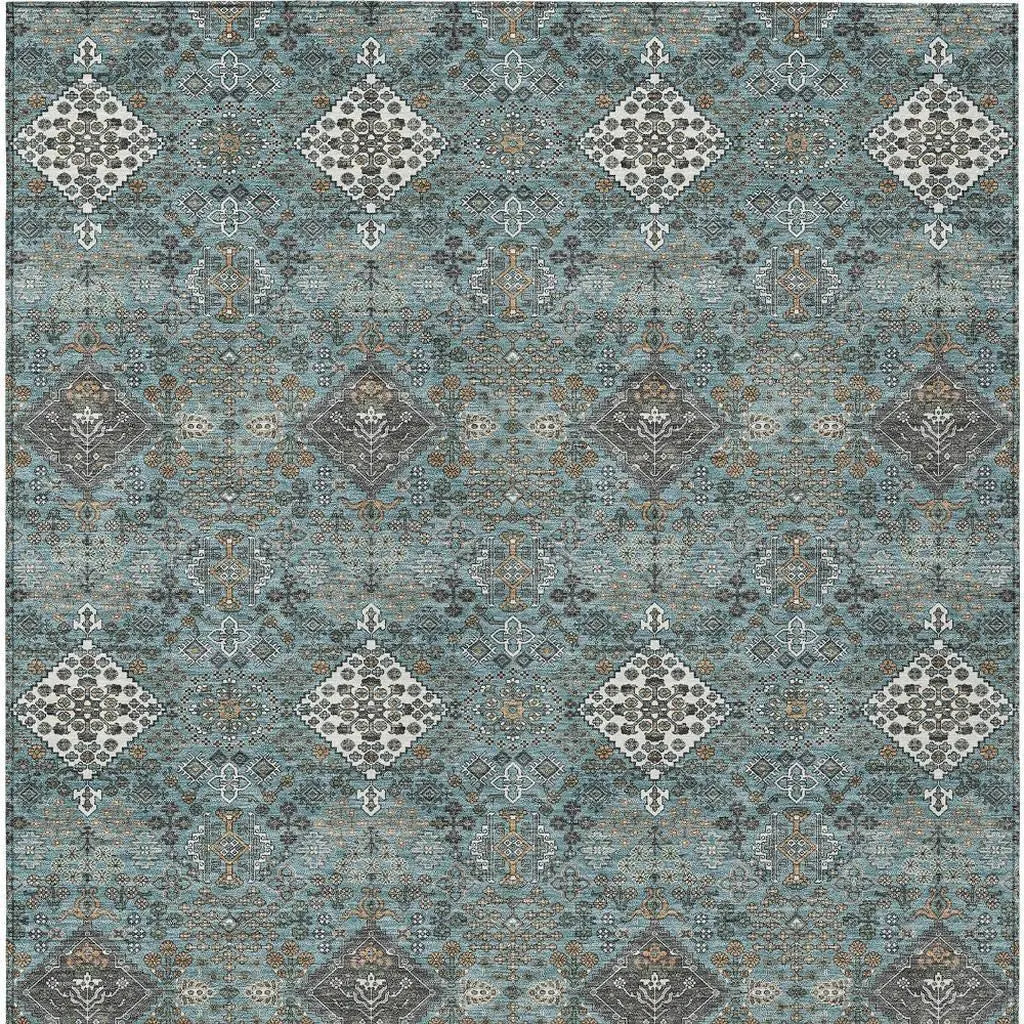 9' X 12' Teal Blue And Ivory Geometric Washable Indoor Outdoor Area Rug Homeroots Outdoor