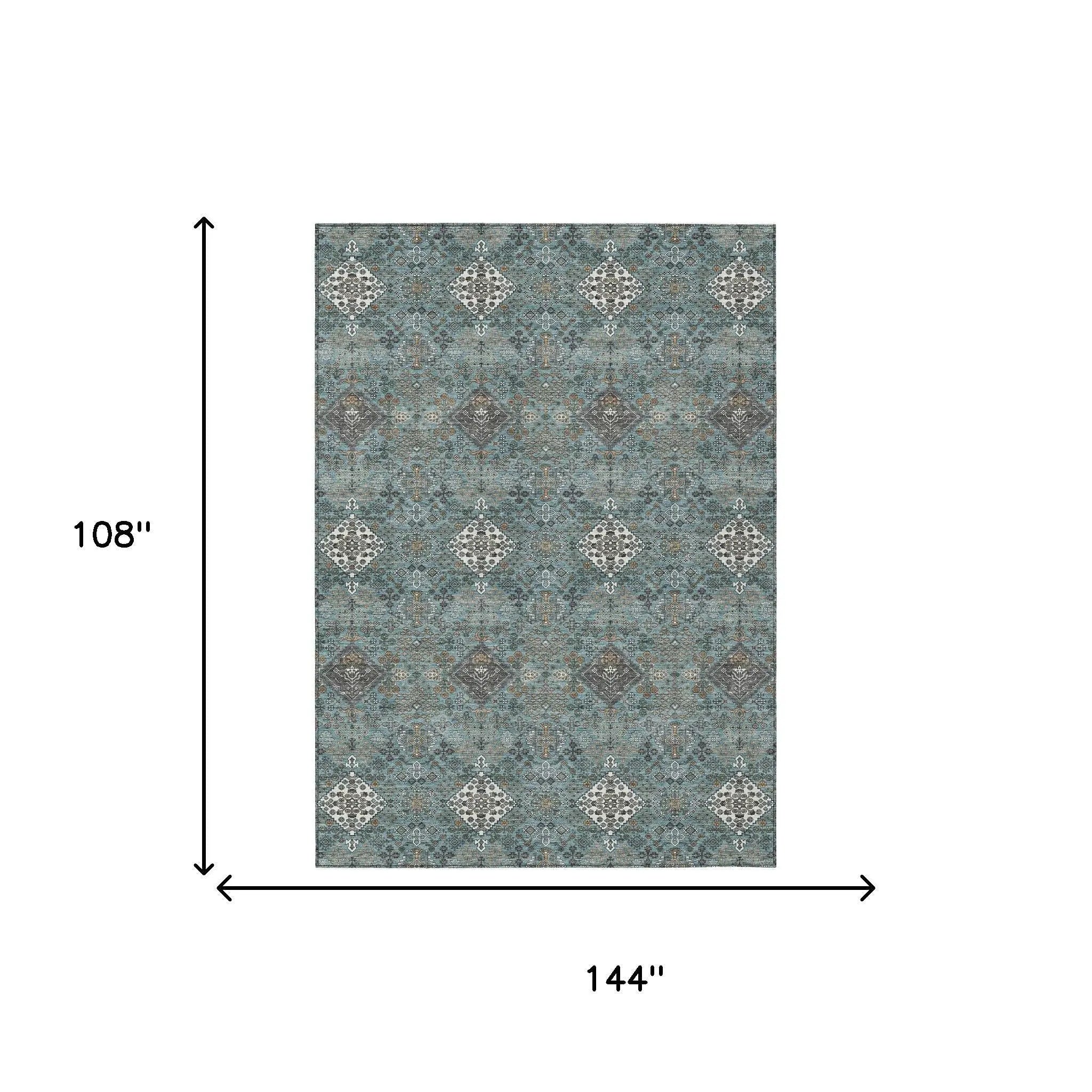 9' X 12' Teal Blue And Ivory Geometric Washable Indoor Outdoor Area Rug Homeroots Outdoor