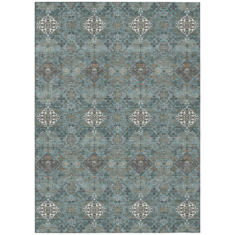 9' X 12' Teal Blue And Ivory Geometric Washable Indoor Outdoor Area Rug Homeroots Outdoor