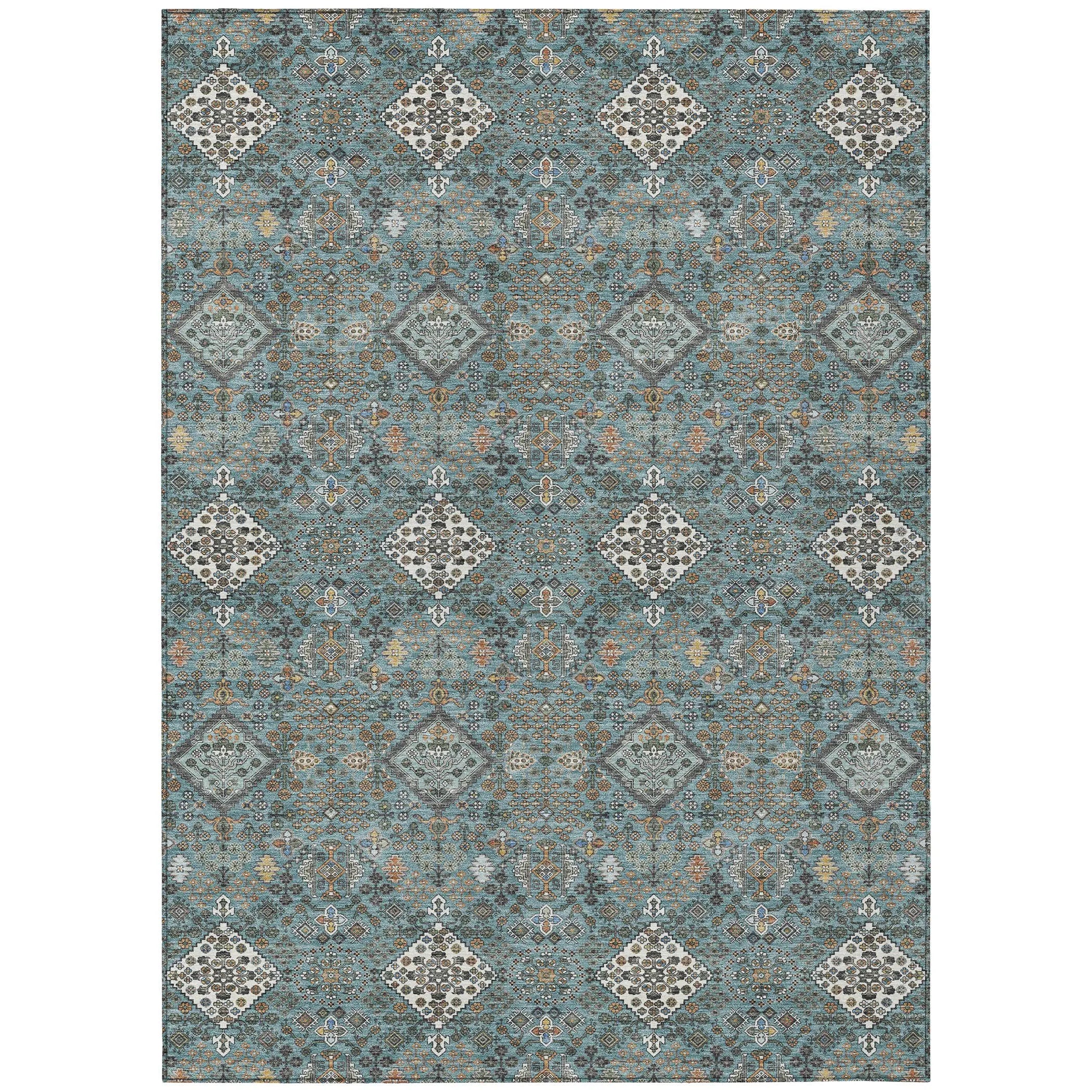 9' X 12' Teal Blue And Ivory Geometric Washable Indoor Outdoor Area Rug Homeroots Outdoor