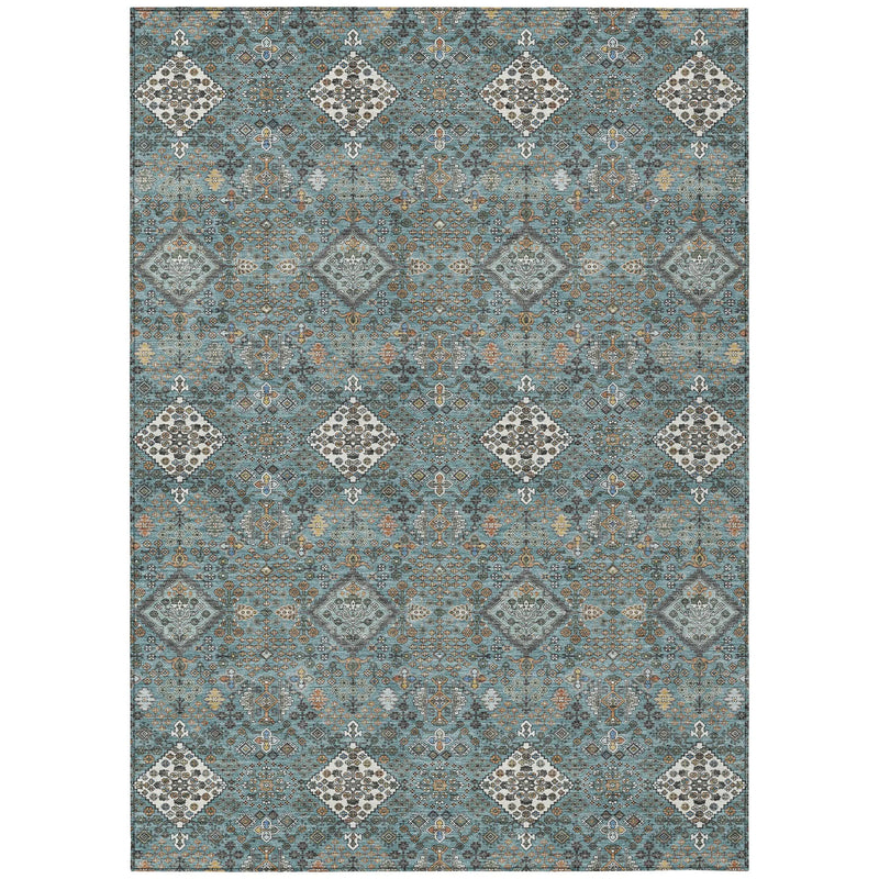 9' X 12' Teal Blue And Ivory Geometric Washable Indoor Outdoor Area Rug Homeroots Outdoor