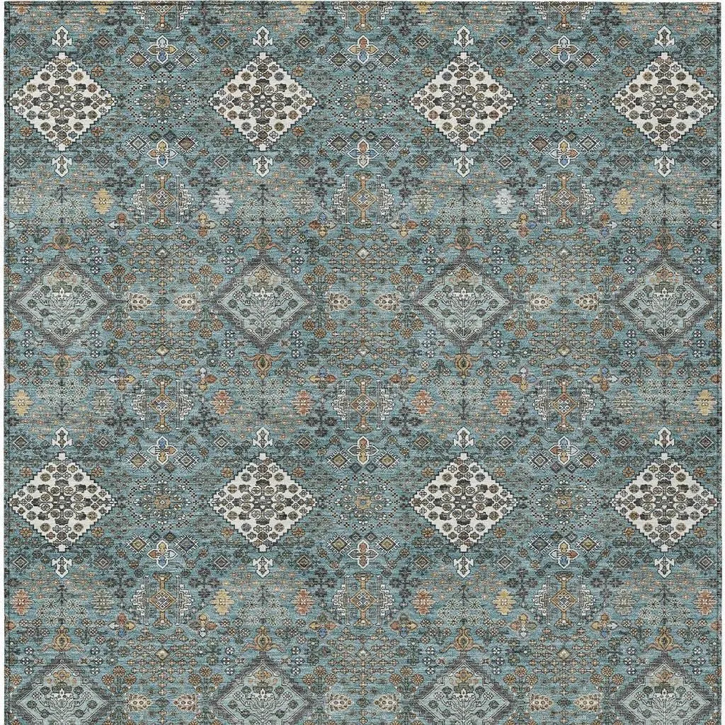 9' X 12' Teal Blue And Ivory Geometric Washable Indoor Outdoor Area Rug Homeroots Outdoor