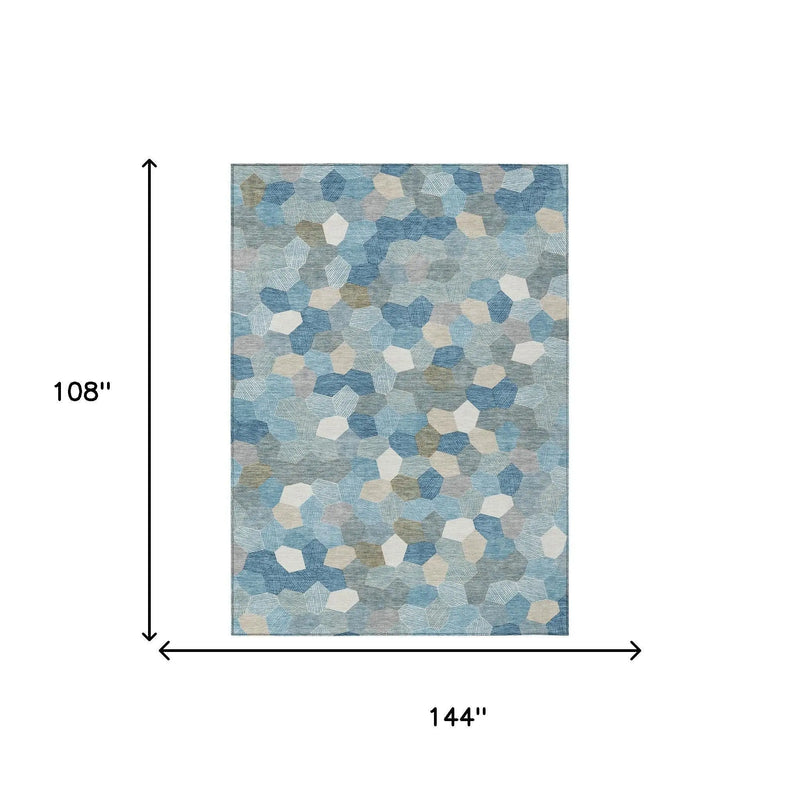 9' X 12' Teal Blue And Ivory Geometric Washable Indoor Outdoor Area Rug Homeroots Outdoor
