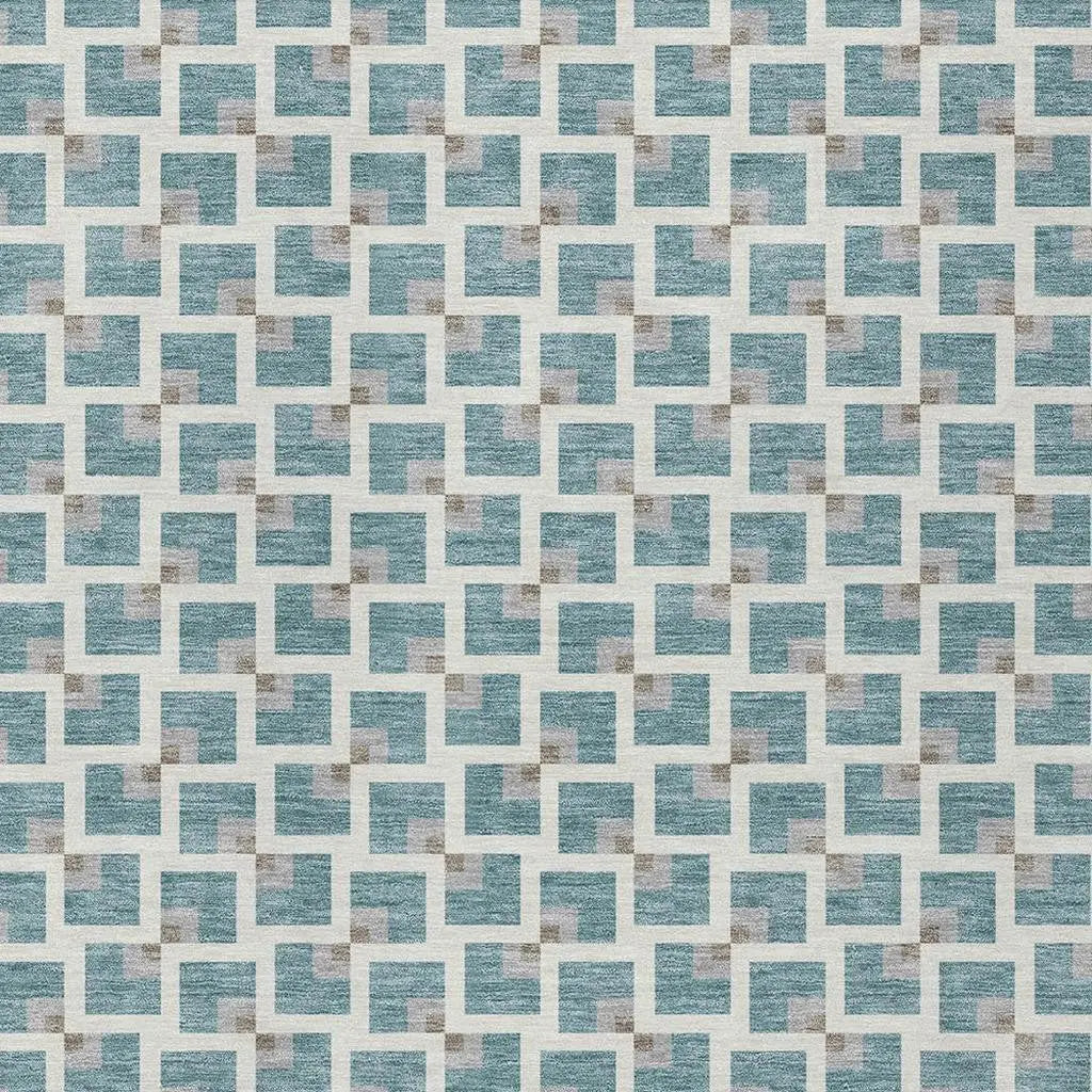 9' X 12' Teal Blue And Ivory Geometric Washable Indoor Outdoor Area Rug Homeroots Outdoor