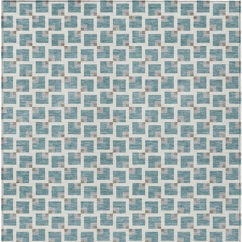 9' X 12' Teal Blue And Ivory Geometric Washable Indoor Outdoor Area Rug Homeroots Outdoor