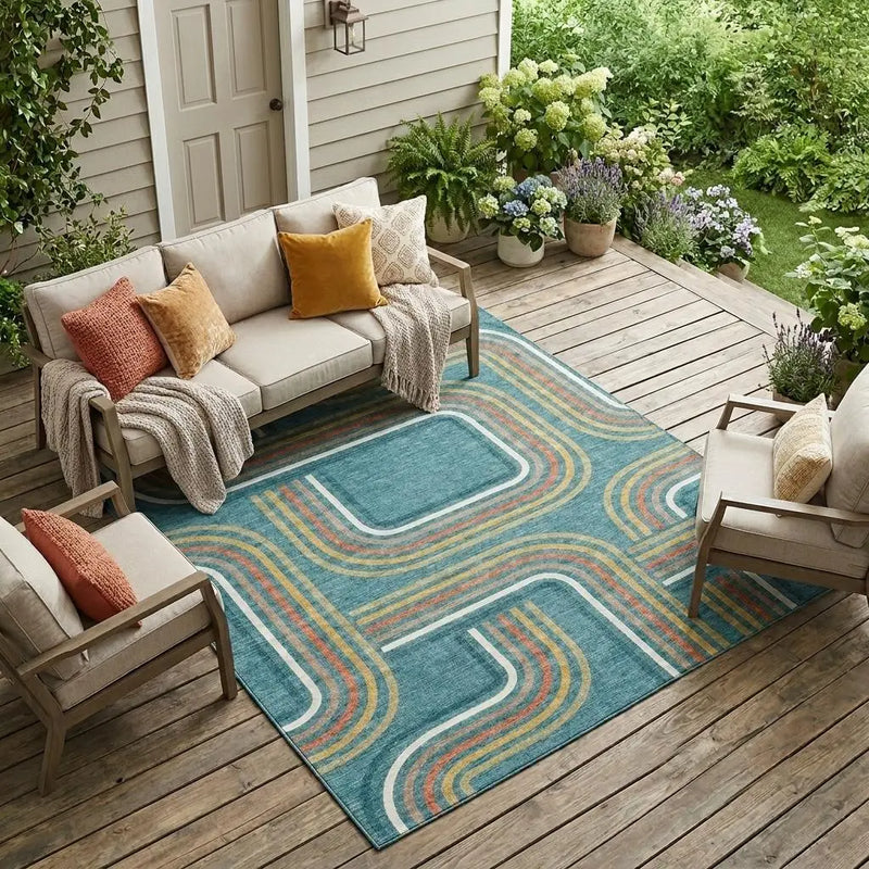 9' X 12' Teal Blue And Ivory Geometric Washable Indoor Outdoor Area Rug Homeroots Outdoor
