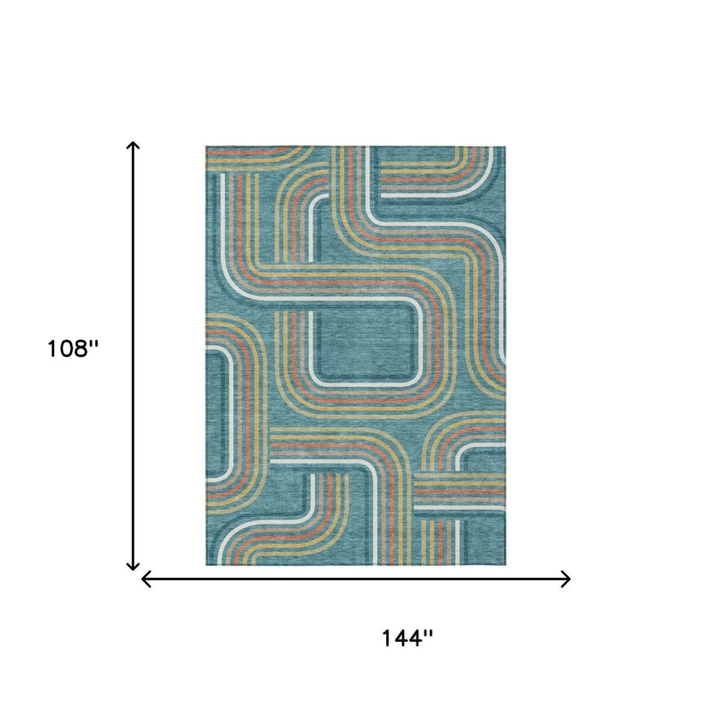9' X 12' Teal Blue And Ivory Geometric Washable Indoor Outdoor Area Rug Homeroots Outdoor