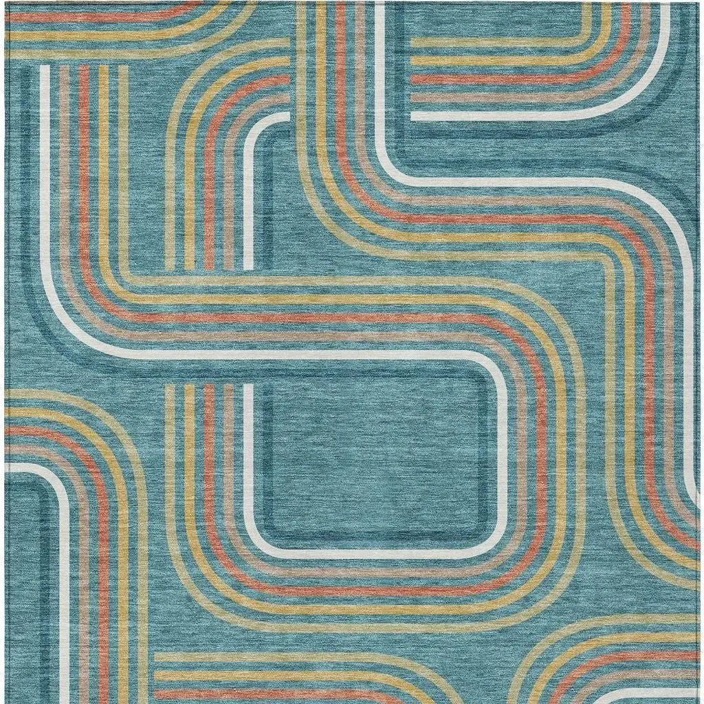 9' X 12' Teal Blue And Ivory Geometric Washable Indoor Outdoor Area Rug Homeroots Outdoor