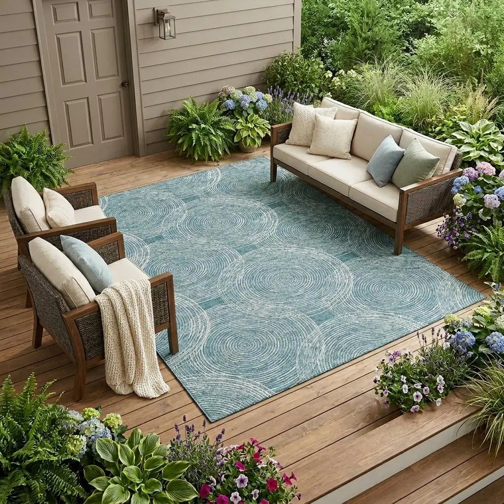 9' X 12' Teal Blue And Ivory Geometric Washable Indoor Outdoor Area Rug Homeroots Outdoor