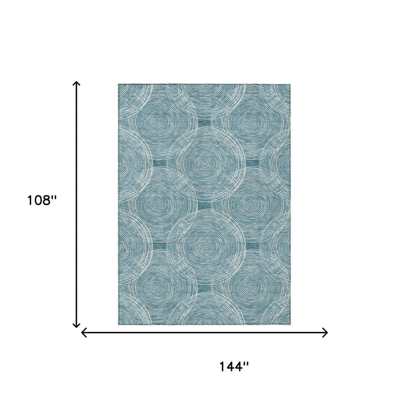 9' X 12' Teal Blue And Ivory Geometric Washable Indoor Outdoor Area Rug Homeroots Outdoor