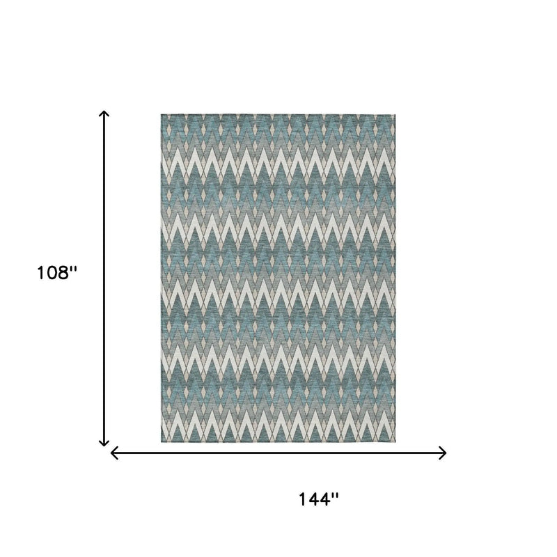 9' X 12' Teal Blue And Ivory Geometric Washable Indoor Outdoor Area Rug Homeroots Outdoor