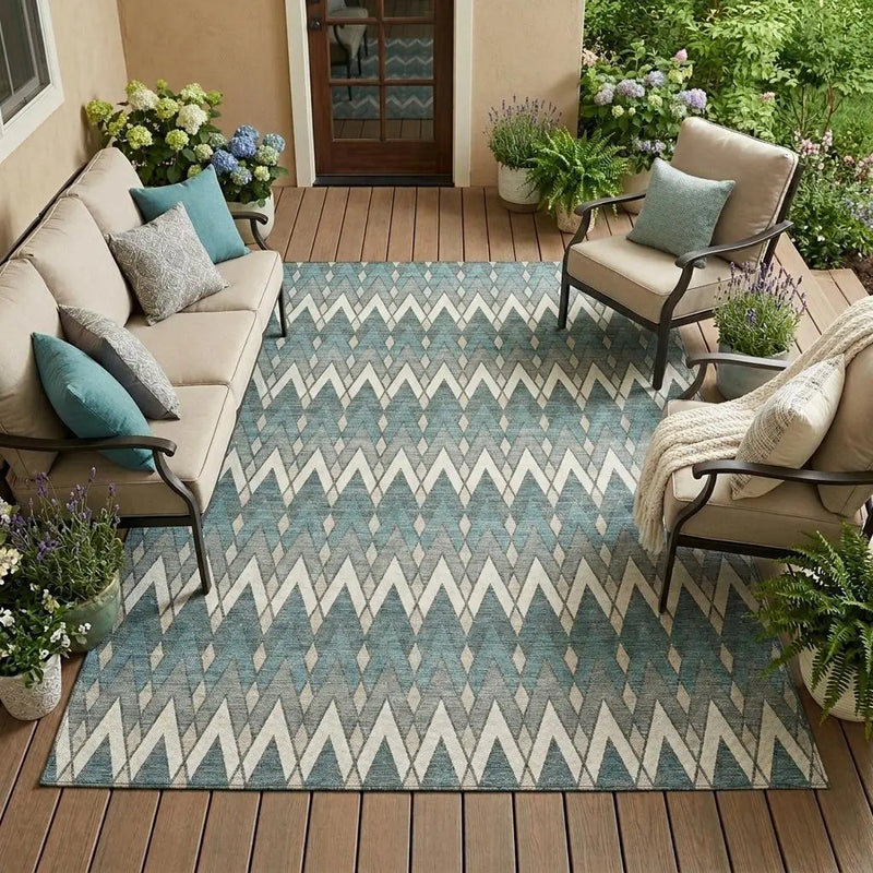 9' X 12' Teal Blue And Ivory Geometric Washable Indoor Outdoor Area Rug Homeroots Outdoor