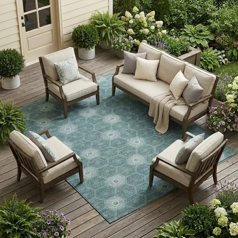9' X 12' Teal Blue And Ivory Geometric Washable Indoor Outdoor Area Rug Homeroots Outdoor