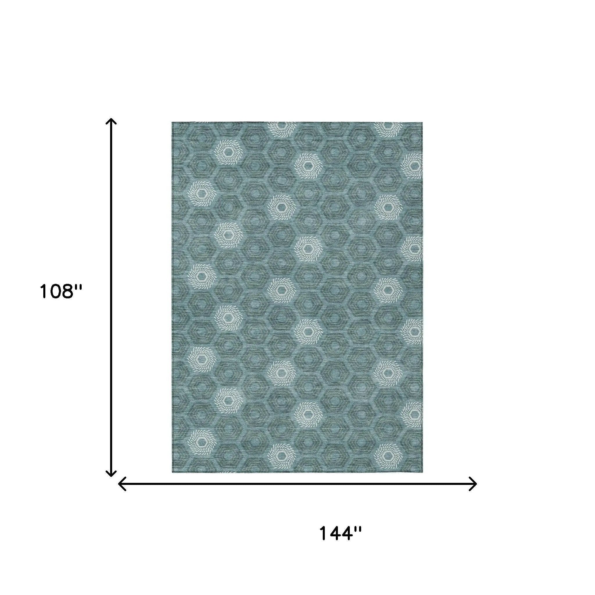 9' X 12' Teal Blue And Ivory Geometric Washable Indoor Outdoor Area Rug Homeroots Outdoor