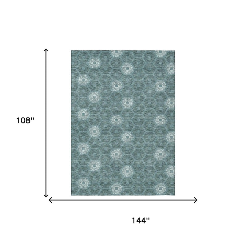 9' X 12' Teal Blue And Ivory Geometric Washable Indoor Outdoor Area Rug Homeroots Outdoor